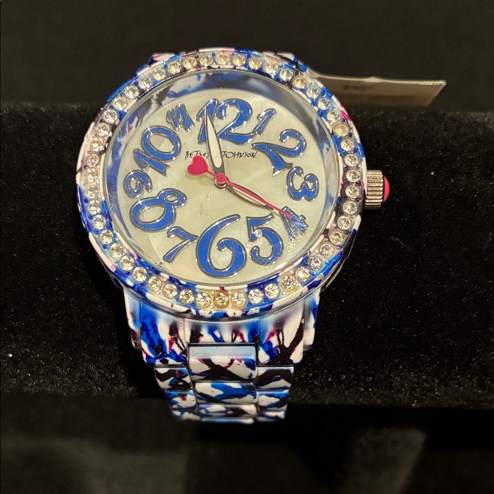 Betsey Johnson Blue, White and Pink Marble Crystal Bezel Watch